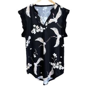 Japanese Black Lace Blouse Bird Cranes Sleeveless V-Neck Size M Dressy Cruise